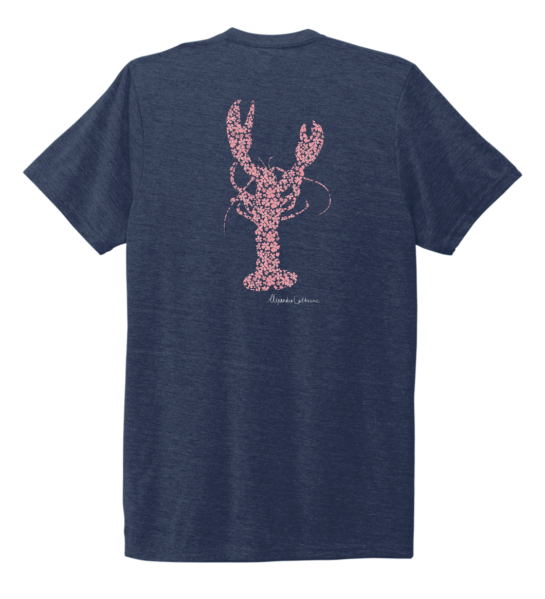 Alexandra Catherine, Fleur Pink Lobster, Unisex Crew Neck T-shirt in Deep Sea Blue