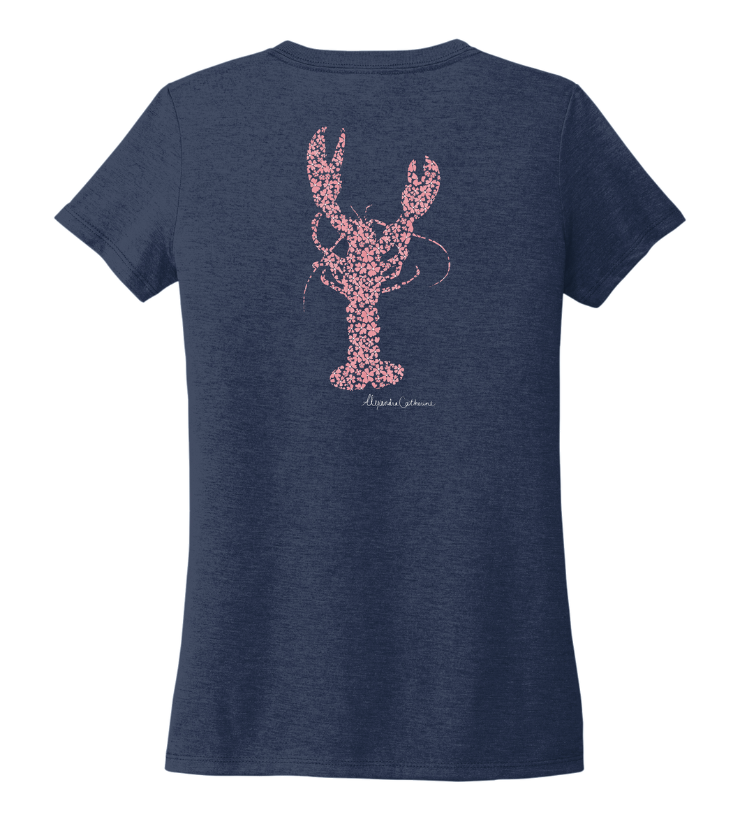 Alexandra Catherine, Fleur Pink Lobster, Women's V-neck T-shirt in Deep Sea Blue