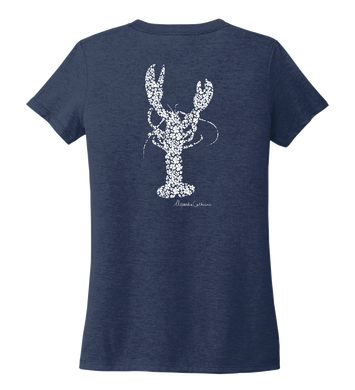 Alexandra Catherine, Fleur White Lobster, Women's V-neck T-shirt in Deep Sea Blue