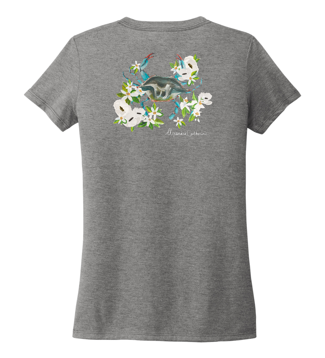 Alexandra Catherine, Blue Crab, Women's V-neck T-shirt in Oyster Grey
