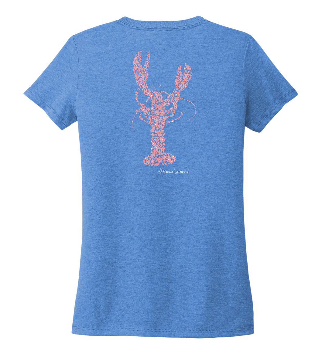 Alexandra Catherine, Fleur Pink Lobster, Women's V-neck T-shirt in Sky Blue