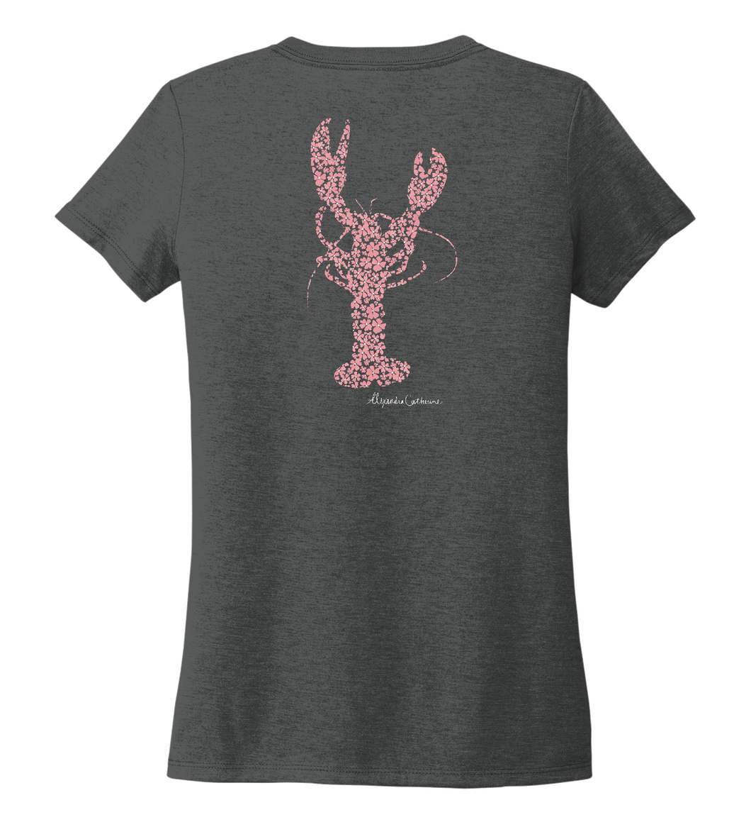 Alexandra Catherine, Fleur Pink Lobster, Women's V-neck T-shirt in Slate Black