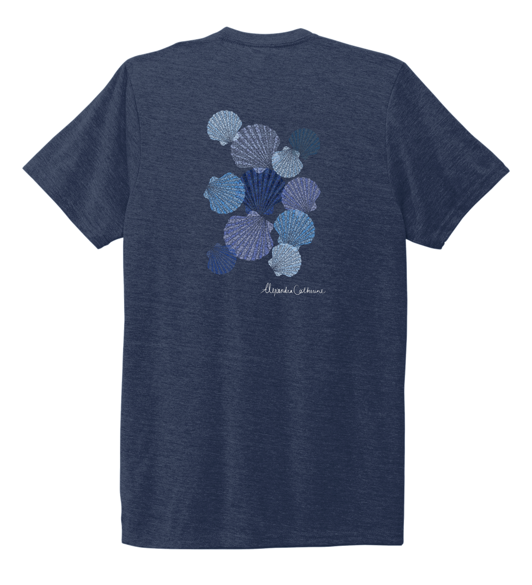 Alexandra Catherine, Tossed Seashells, Unisex Crew Neck T-shirt in Deep Sea Blue