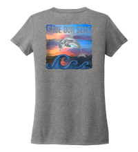 Load image into Gallery viewer, Lauren Gilliam, Dolphin, Women&#39;s V-neck T-shirt in Oyster Grey