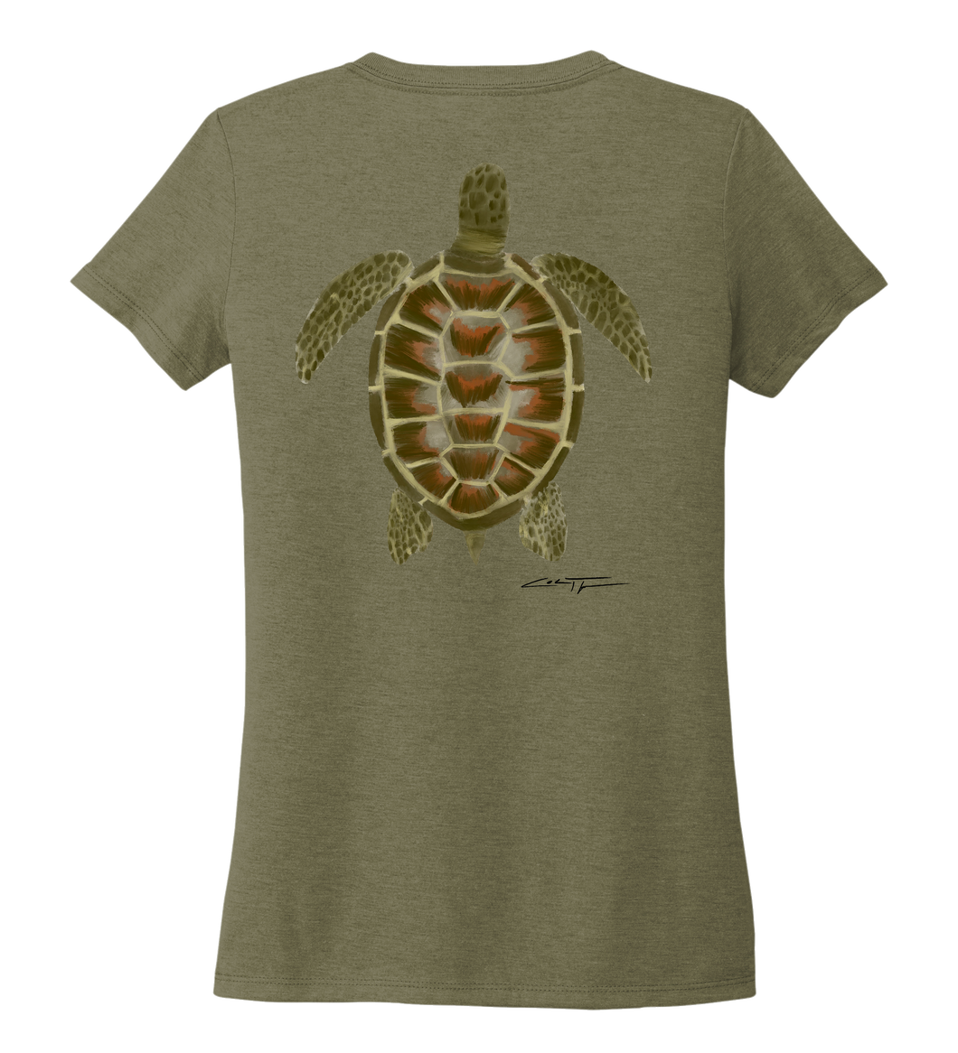 Colin Thompson, Turtle, Women's V-neck T-shirt in Earthy Green