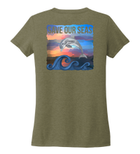 Load image into Gallery viewer, Lauren Gilliam, Dolphin, Women&#39;s V-neck T-shirt in Earthy Green
