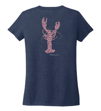 Alexandra Catherine, Fleur Pink Lobster, Women's V-neck T-shirt in Deep Sea Blue