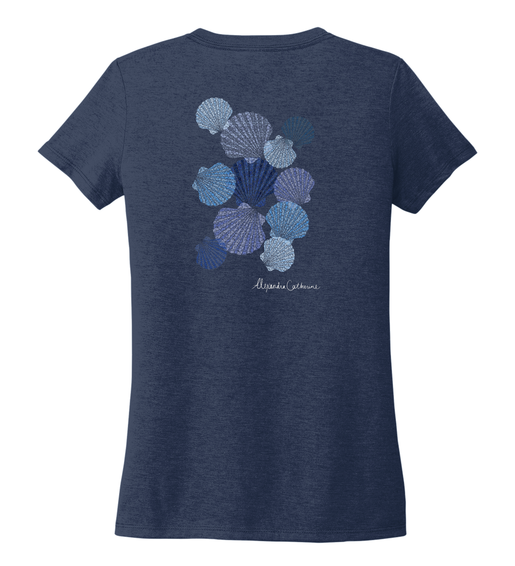 Alexandra Catherine, Tossed Seashells, Women's V-neck T-shirt in Deep Sea Blue