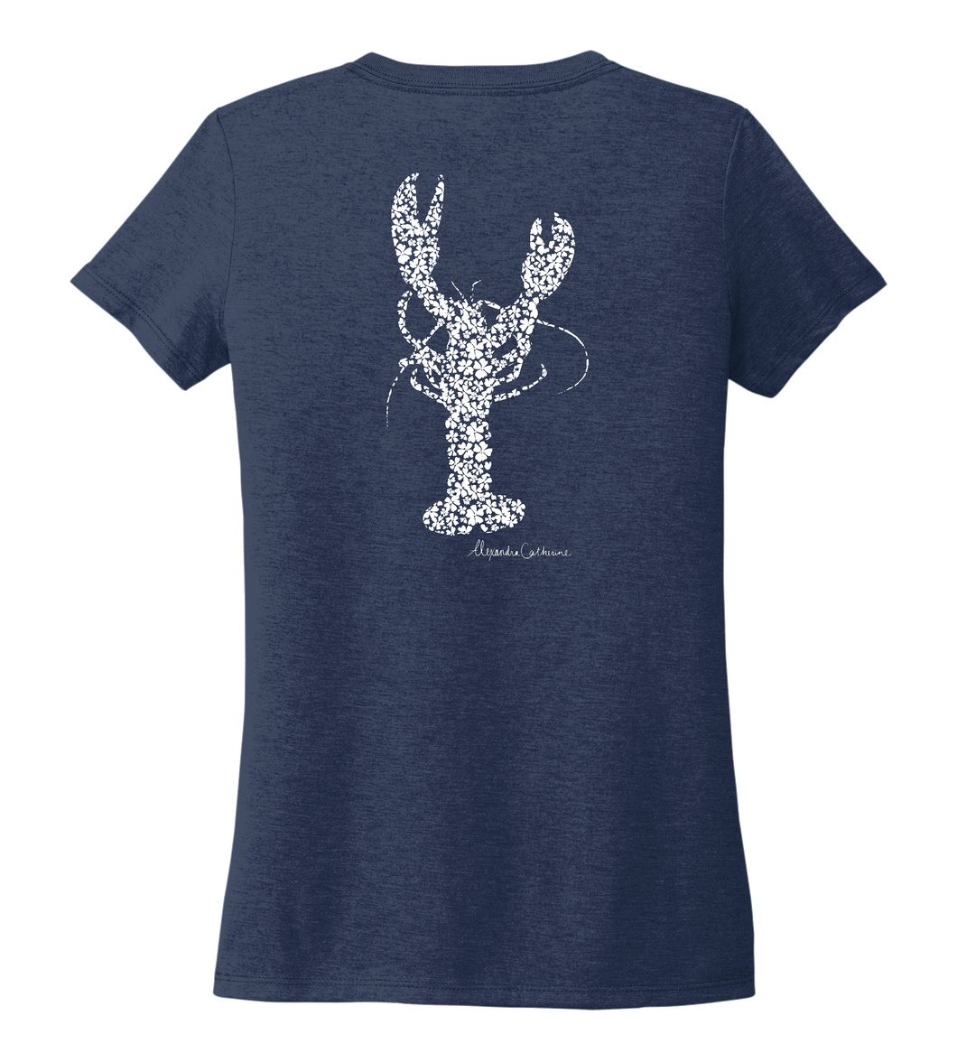 Alexandra Catherine, Fleur White Lobster, Women's V-neck T-shirt in Deep Sea Blue