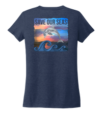 Load image into Gallery viewer, Lauren Gilliam, Dolphin, Women&#39;s V-neck T-shirt in Deep Sea Blue