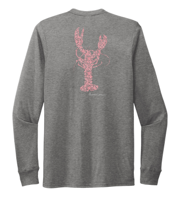 Alexandra Catherine, Fleur Pink Lobster, Unisex Crew Neck Long Sleeve T-shirt in Oyster Grey