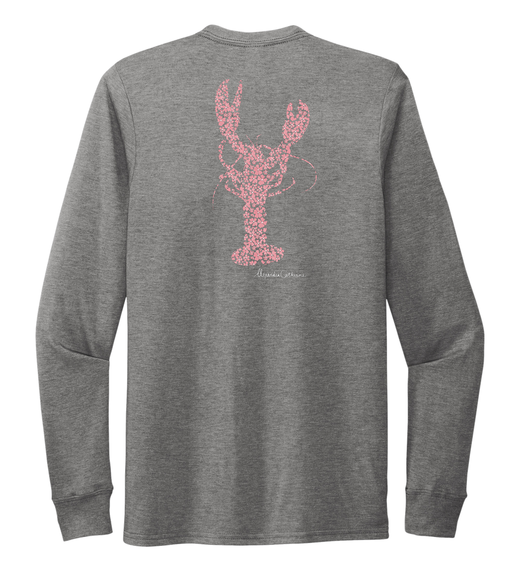 Alexandra Catherine, Fleur Pink Lobster, Unisex Crew Neck Long Sleeve T-shirt in Oyster Grey