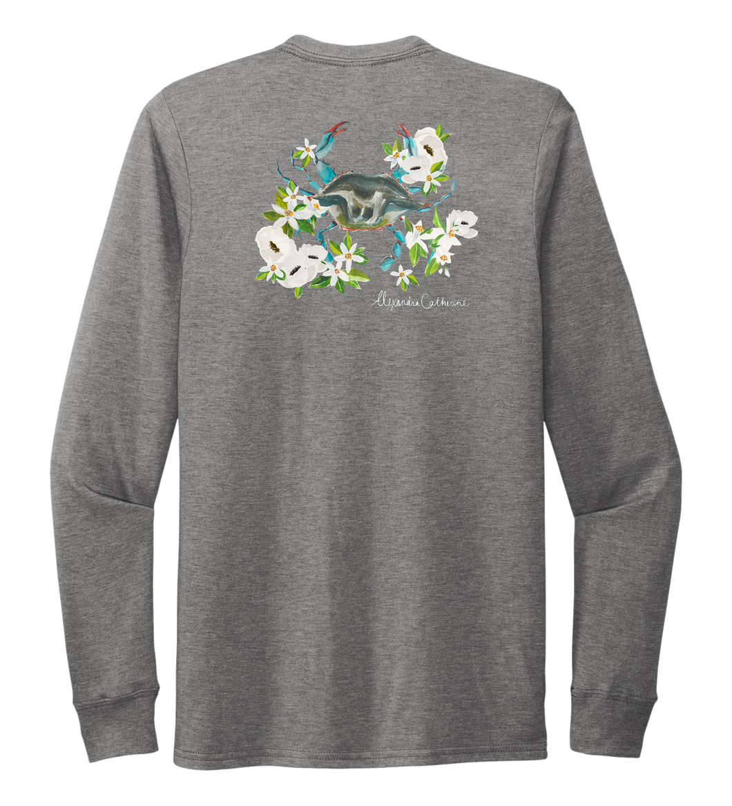Alexandra Catherine, Blue Crab, Unisex Crew Neck Long Sleeve T-shirt in Oyster Grey