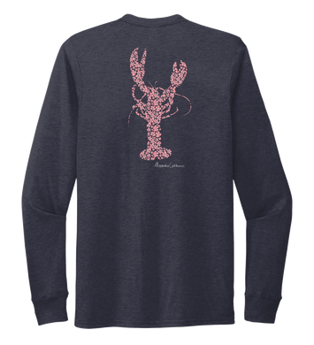 Alexandra Catherine, Fleur Pink Lobster, Unisex Crew Neck Long Sleeve T-shirt in Deep Sea Blue