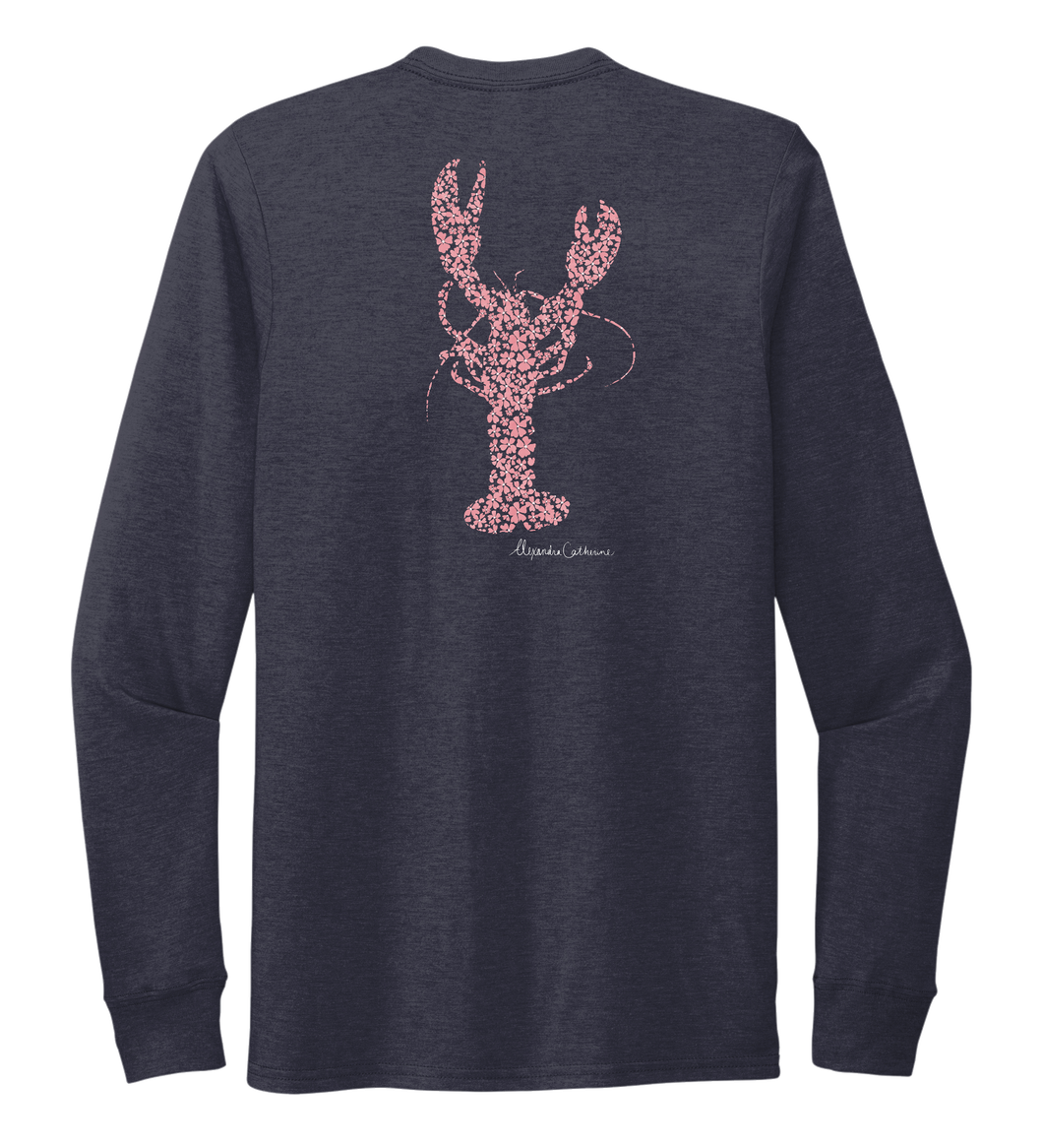Alexandra Catherine, Fleur Pink Lobster, Unisex Crew Neck Long Sleeve T-shirt in Deep Sea Blue