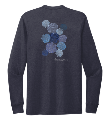 Alexandra Catherine, Tossed Seashells, Unisex Crew Neck Long Sleeve T-shirt in Deep Sea Blue