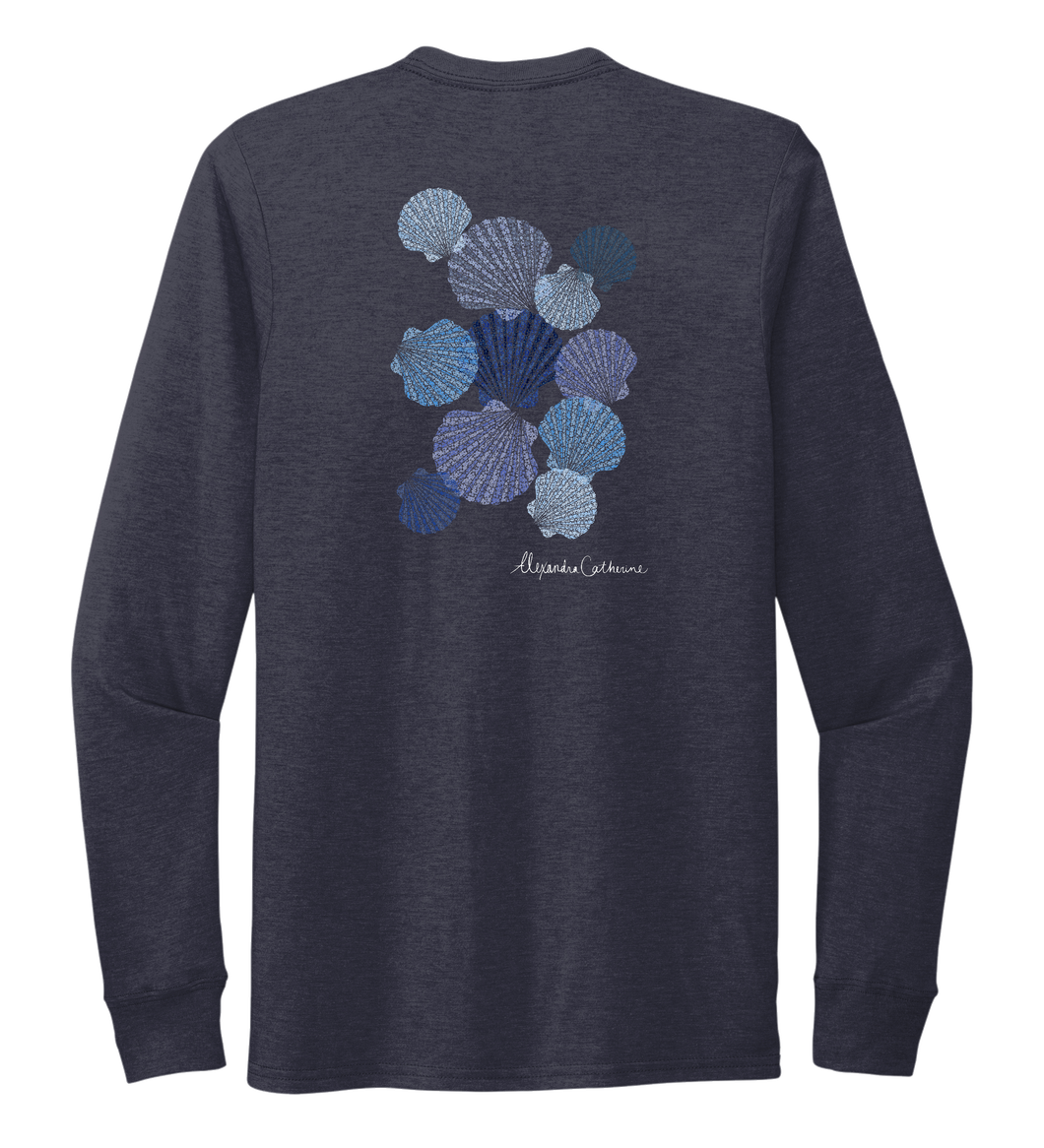 Alexandra Catherine, Tossed Seashells, Unisex Crew Neck Long Sleeve T-shirt in Deep Sea Blue
