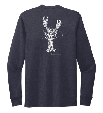 Alexandra Catherine, Fleur White Lobster, Unisex Crew Neck Long Sleeve T-shirt in Deep Sea Blue