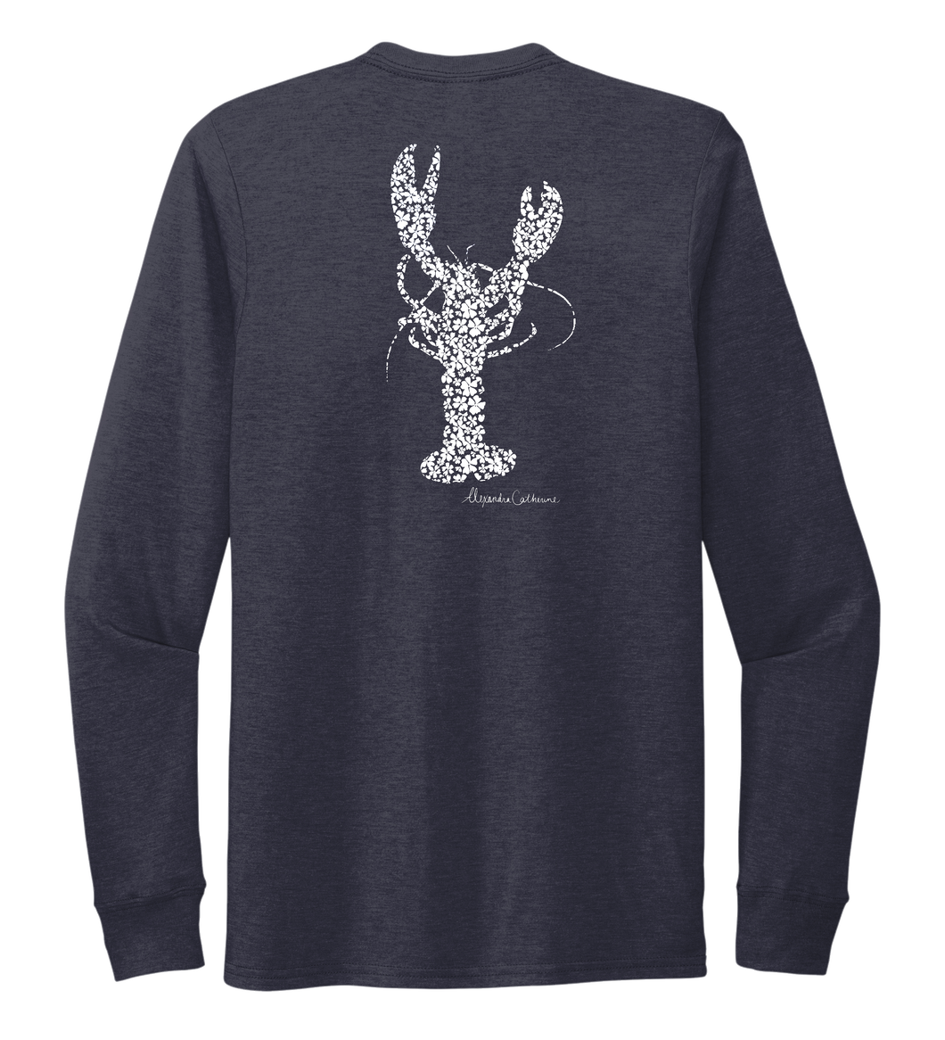 Alexandra Catherine, Fleur White Lobster, Unisex Crew Neck Long Sleeve T-shirt in Deep Sea Blue