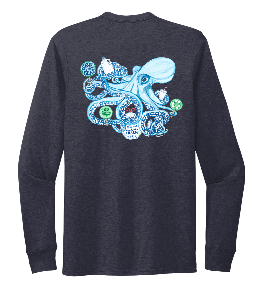 Lauren Gilliam, Octopus, Unisex Crew Neck Long Sleeve T-shirt in Deep Sea Blue