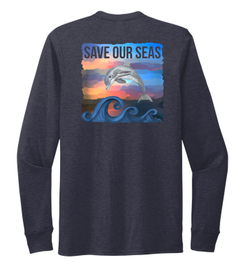 Lauren Gilliam, Dolphin, Unisex Crew Neck Long Sleeve T-shirt in Deep Sea Blue
