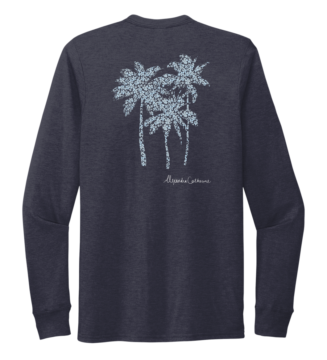 Alexandra Catherine, Palm Trees, Unisex Crew Neck Long Sleeve T-shirt in Deep Sea Blue
