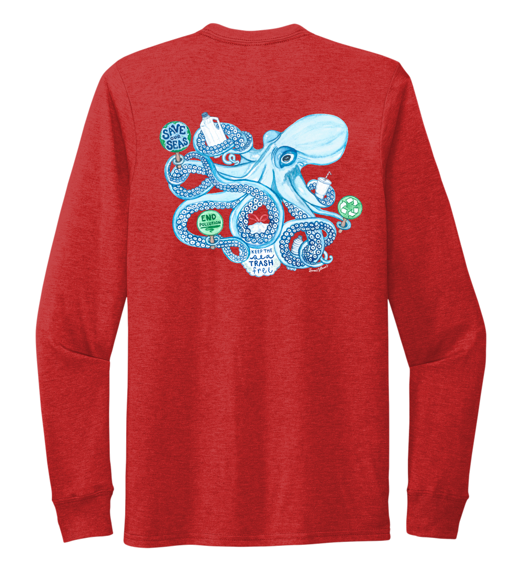 Lauren Gilliam, Octopus, Unisex Crew Neck Long Sleeve T-shirt in Bravo Red