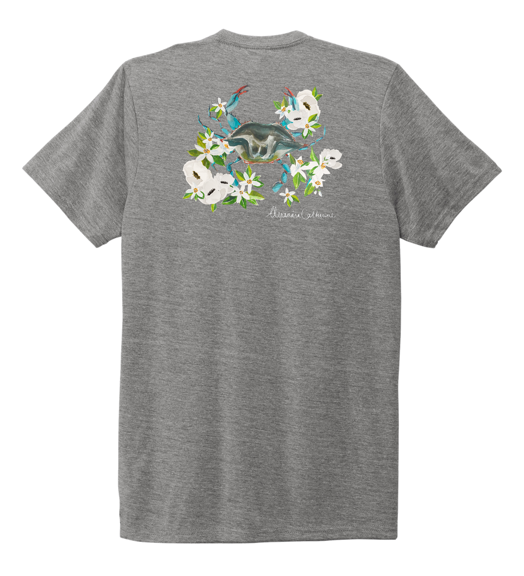 Alexandra Catherine, Blue Crab, Unisex Crew Neck T-shirt in Oyster Grey