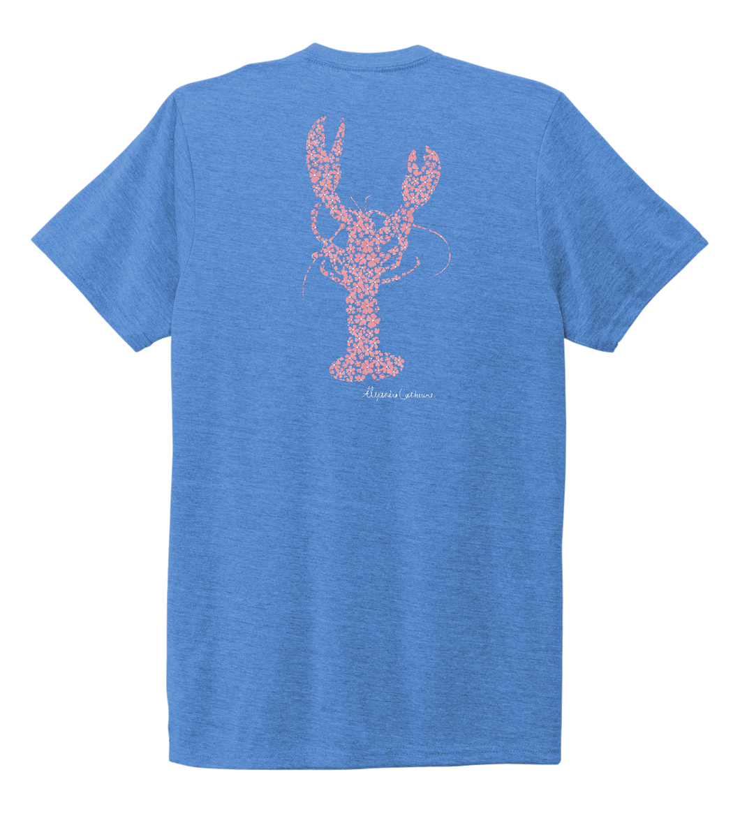 Alexandra Catherine, Fleur Pink Lobster, Unisex Crew Neck T-shirt in Sky Blue