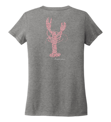 Alexandra Catherine, Fleur Pink Lobster, Women's V-neck T-shirt in Oyster Grey