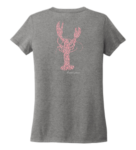 Alexandra Catherine, Fleur Pink Lobster, Women's V-neck T-shirt in Oyster Grey