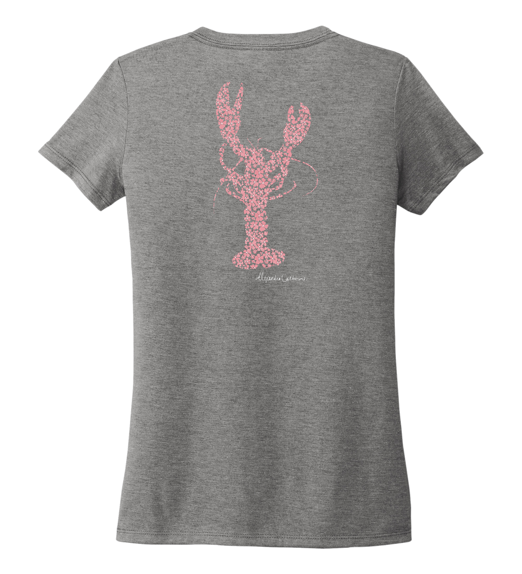 Alexandra Catherine, Fleur Pink Lobster, Women's V-neck T-shirt in Oyster Grey
