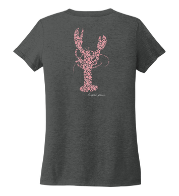 Alexandra Catherine, Fleur Pink Lobster, Women's V-neck T-shirt in Slate Black