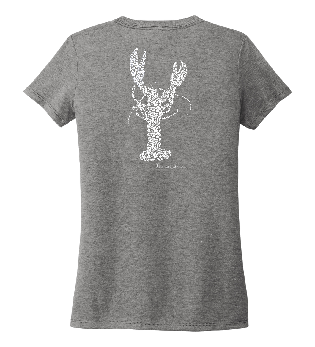 Alexandra Catherine, Fleur White Lobster, Women's V-neck T-shirt in Oyster Grey