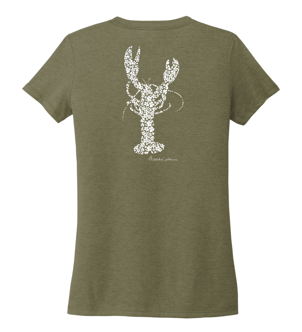 Alexandra Catherine, Fleur White Lobster, Women's V-neck T-shirt in Earthy Green