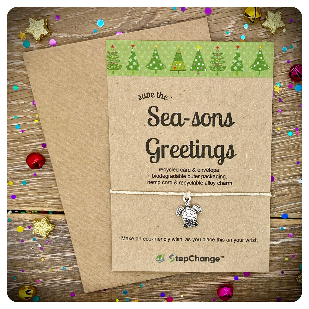 Turtle Charm Bracelet &amp; Card "save the Sea-sons Greetings"